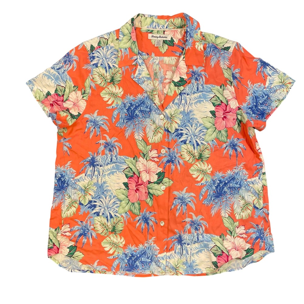 Tommy Bahama Womens Large Orange 100% Silk Tropical Hibiscus Palm Tree Beach Bay